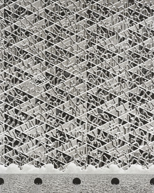 Wandering Stairs, 2022, pen and acrylic on canvas, 227.3 x 181.8 cm