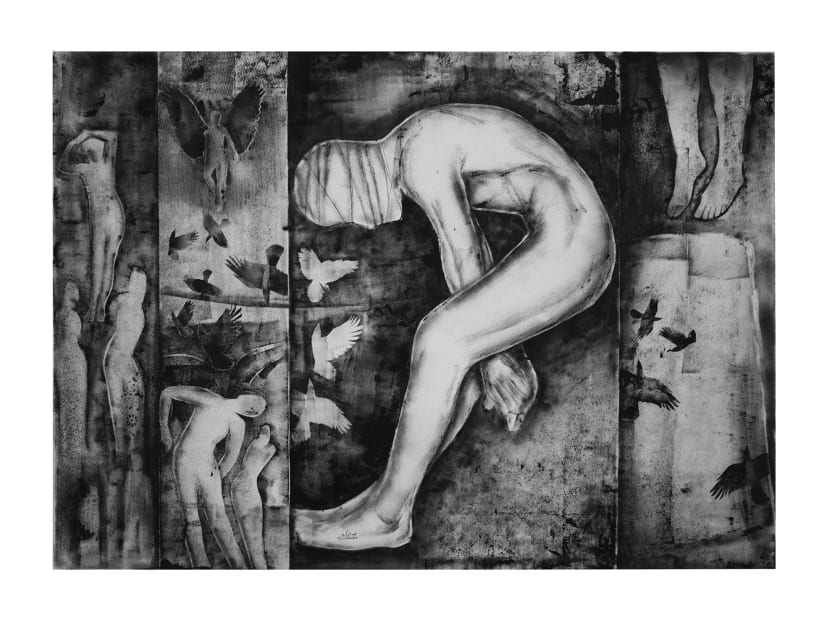 Maisara Baroud , The lives of the forgotten, 2016, Ink on card, 100x140cm