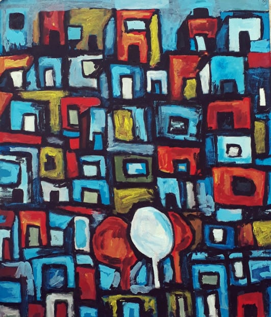 Mohamed Harb, A biography of Gaza, Acrylic on canvas, 110x90cm