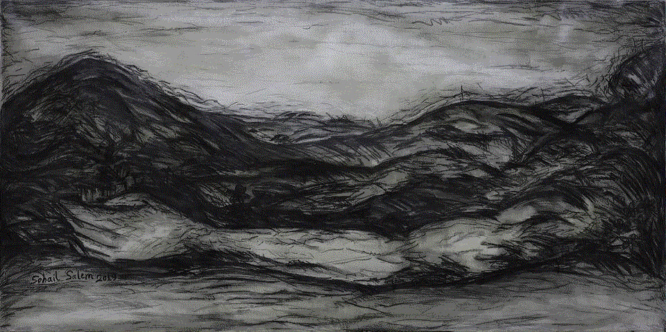 Sohail Salem, Land of blackness, 2019, Oil and charcoal on canvas, 70x140cm
