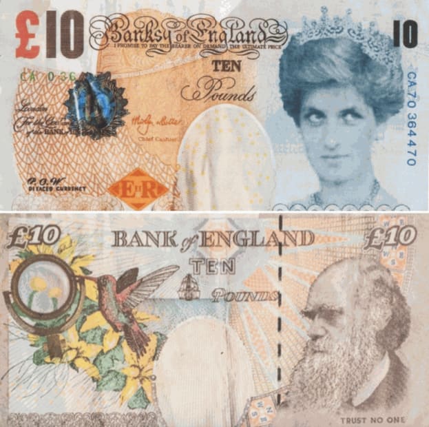 Image of a banksy note back and front