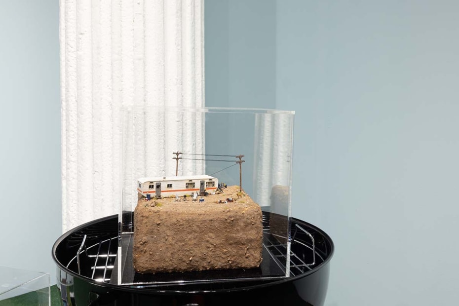 Abigail Goldman dieorama of RV murder scene in rocky / dirt landscape sitting on grill