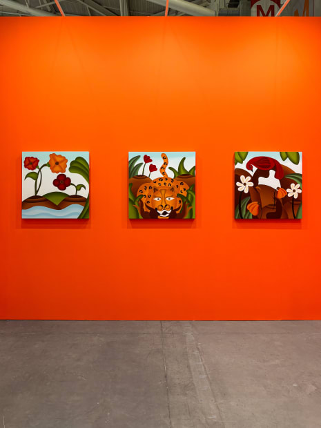 installation view of Bianca Nemelc's solo show in Taipei, bright orange walls with colorful paintings of abstracted flowers