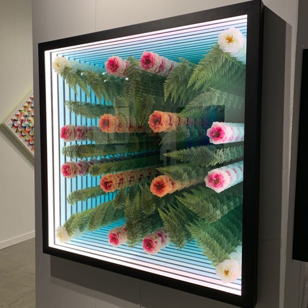 Installation image of Peter Gronquist's piece "Ferns and Roses" at a side view at the Seattle Art Fair 2019