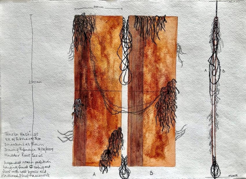 Teresa's tapestries are made using fibres ranging from wool and washi paper to puddled iron, and are hand-dyed using natural materials including Myrobalan plum, lichen and sweet chestnuts