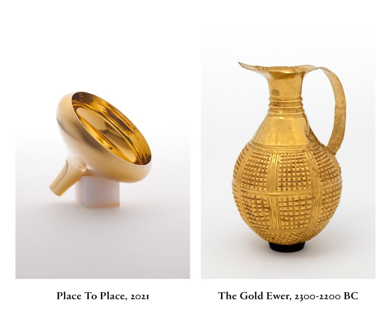 Place to Place is the outcome of a unique commission from The Gilbert Trust for the Arts to create new work in response to a 4,250 years old gold ewer, formerly in the Gilbert Collection, on the occasion of its return to Turkey. The new piece will go on display at the V&A from 2nd December 2021. Place to Place relates to a transitional state in time as well as between spaces and countries. Objects have always travelled across the continents and throughout history. The movement of objects has connected between people and cultures. Read more about the fascinating story behind the commission on the V & A blog here