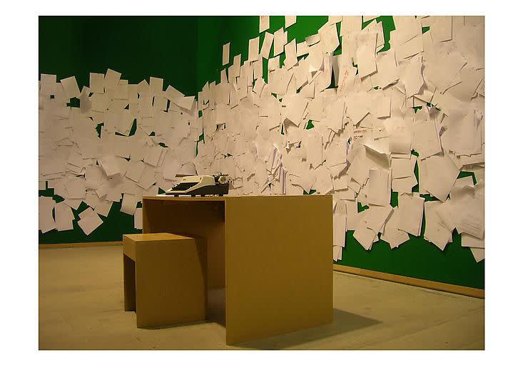 Rivane Neuenschwander […], 2005 Modified typewriters, paper, MDF tables and stools, felt, pins Dimensions variable Always a Little Further, 51 Biennale di Venezia, Italy