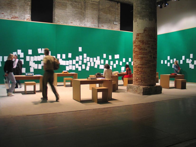 Rivane Neuenschwander […], 2005 Modified typewriters, paper, MDF tables and stools, felt, pins Dimensions variable Always a Little Further, 51 Biennale di Venezia, Italy