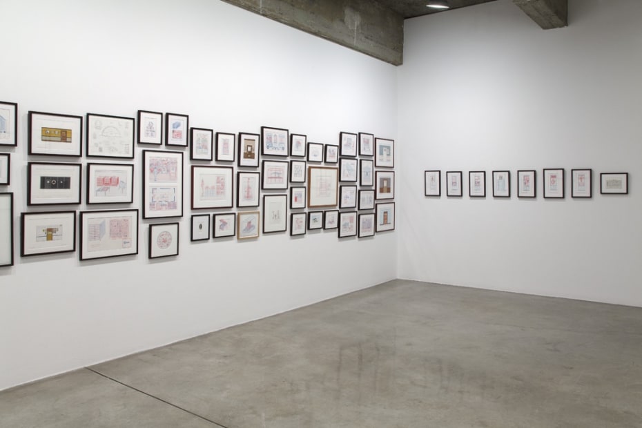 installation view of framed drawings