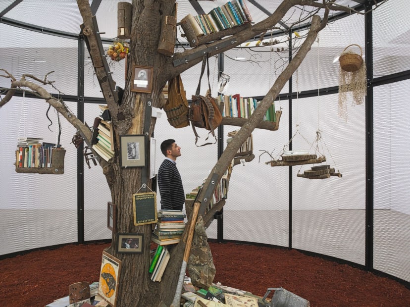 Cage with tree inside and birds and books