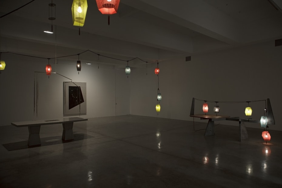 Boyce installation image at TBG NY, dark room with lanterns