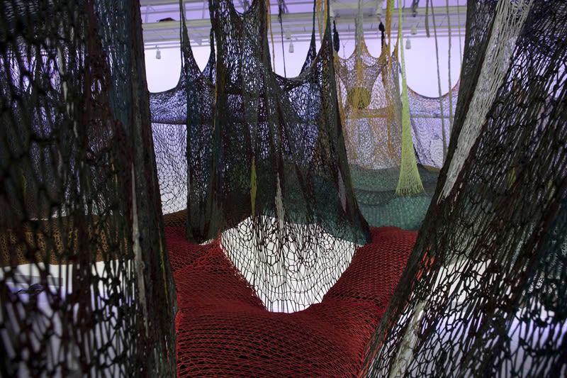 Ernesto Neto crochet hanging installation, walkway for visitors