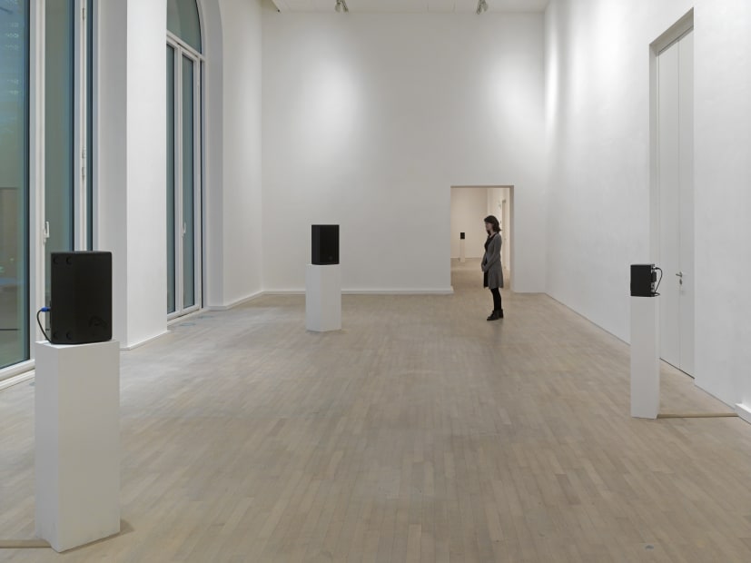 installation view, speakers on pedestals