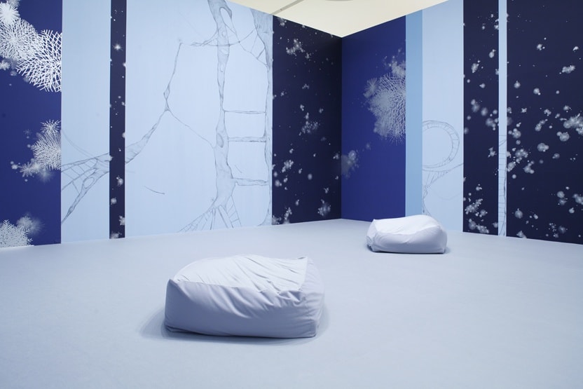 blue room wall painting with bean bags