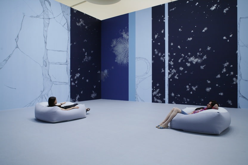 blue room wall painting with bean bags