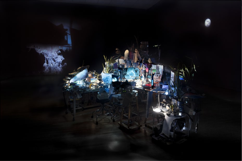 Sarah Sze installation, projections on a desk