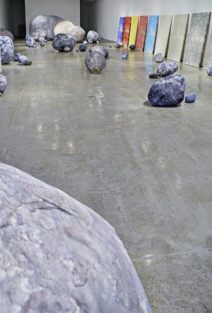 Installation view with mirrors and rocks