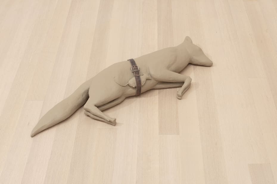 Image of Mark Manders installation, factory with clay figure and fox