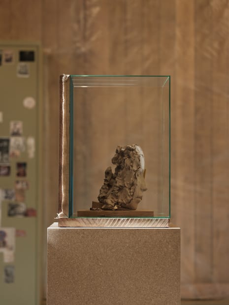 image of Mark Manders installation inside of barn, dry clay head sculpture in glass case
