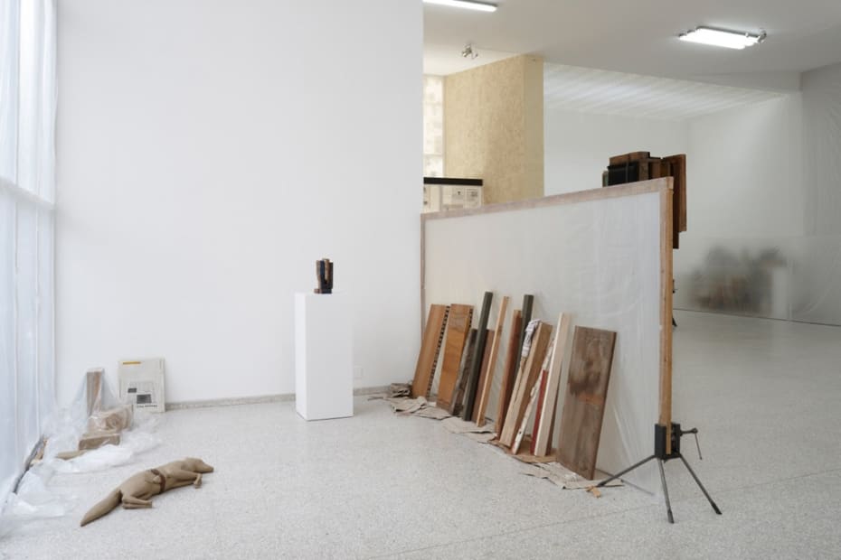 image of Mark Manders sculpture with studio set up at Venice Biennale