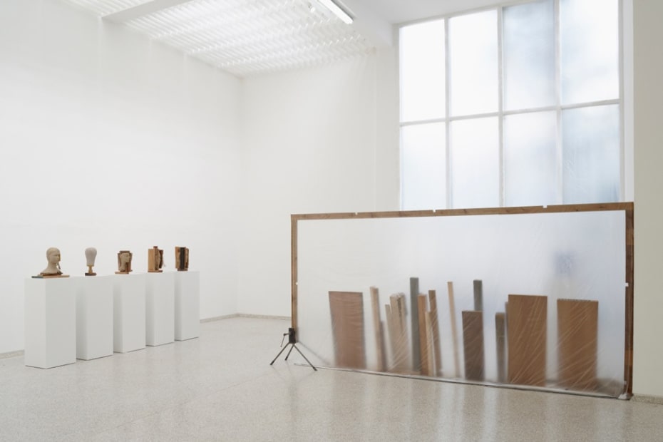 image of Mark Manders sculpture with studio set up at Venice Biennale