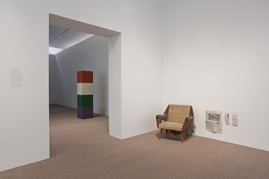 Image of Mark Manders sculpture of chair and newspapers
