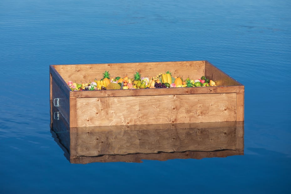 image of a crate floating in the river with fake fruit inside