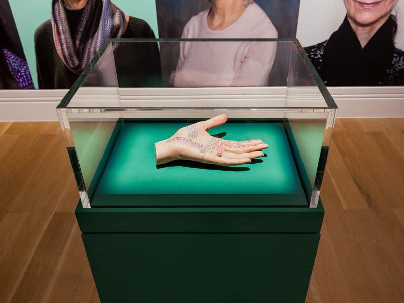 Installation view of Gillian Wearing at National Portrait Gallery, hand sculpture