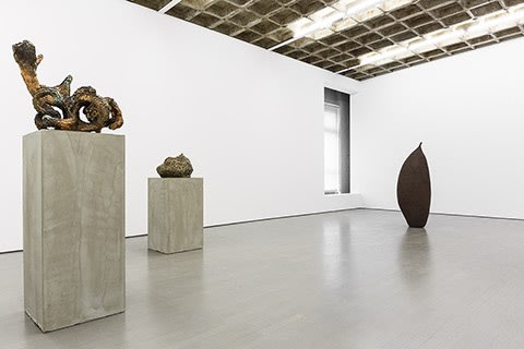 Installation view of Charles Long sculptures ceramic on pedestals