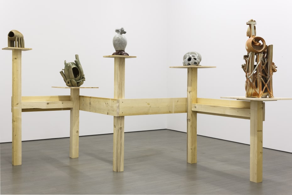 Installation view of Charles Long sculptures ceramic on wood pedestals