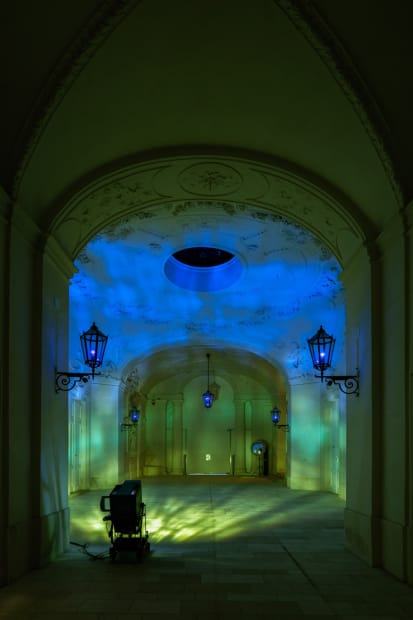 image of room with blue and green lights