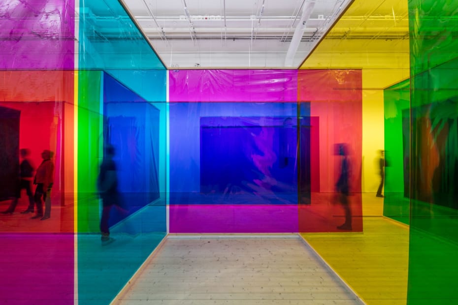 Image of a room with colorful transparent dividers