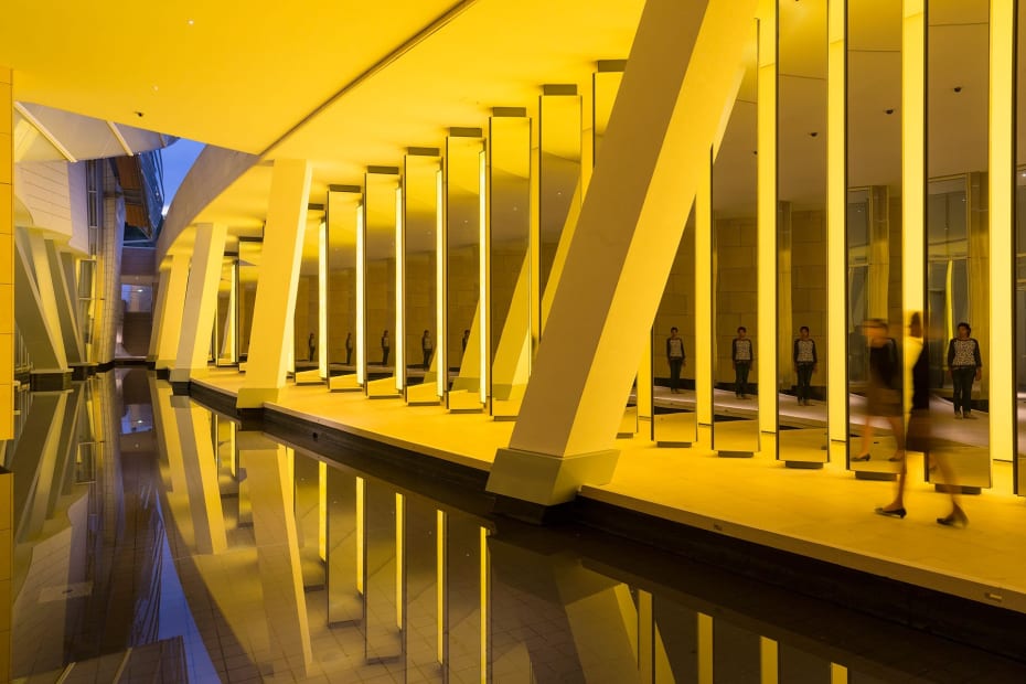 image of Olafur Eliasson yellow light installation with vertical mirrors