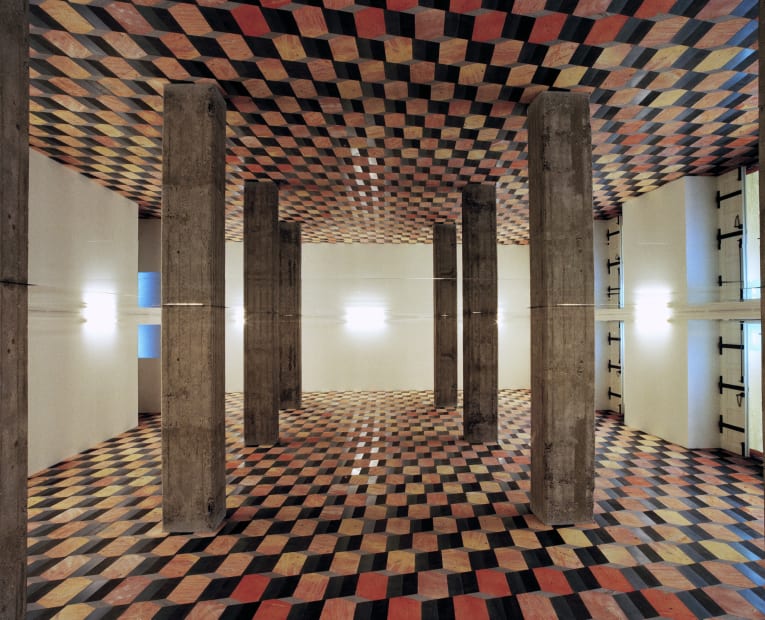 image of wood floor and mirrored ceiling