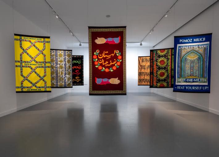 installation view of Slavs and Tatars textiles