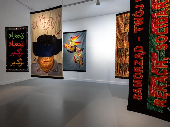 installation view of Slavs and Tatars textiles