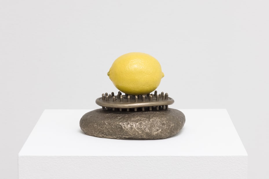 a fake lemon sits on top of cast bronze spikey object on top of a cast bronze rock