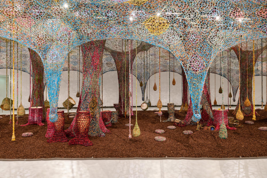 Installation view of ERNESTO NETO: Nosso Barco Tambor Terra [our boat drum earth].