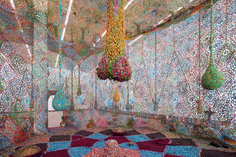 Installation image of Ernesto Neto: The Birth of Contemporous Blue Tree.