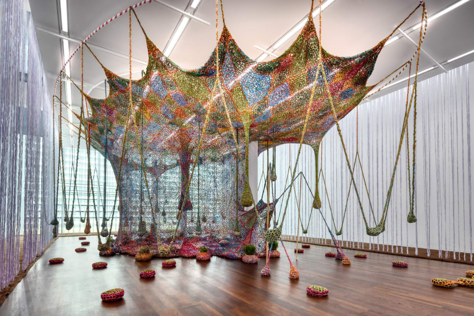 Installation image of Ernesto Neto: The Birth of Contemporous Blue Tree.
