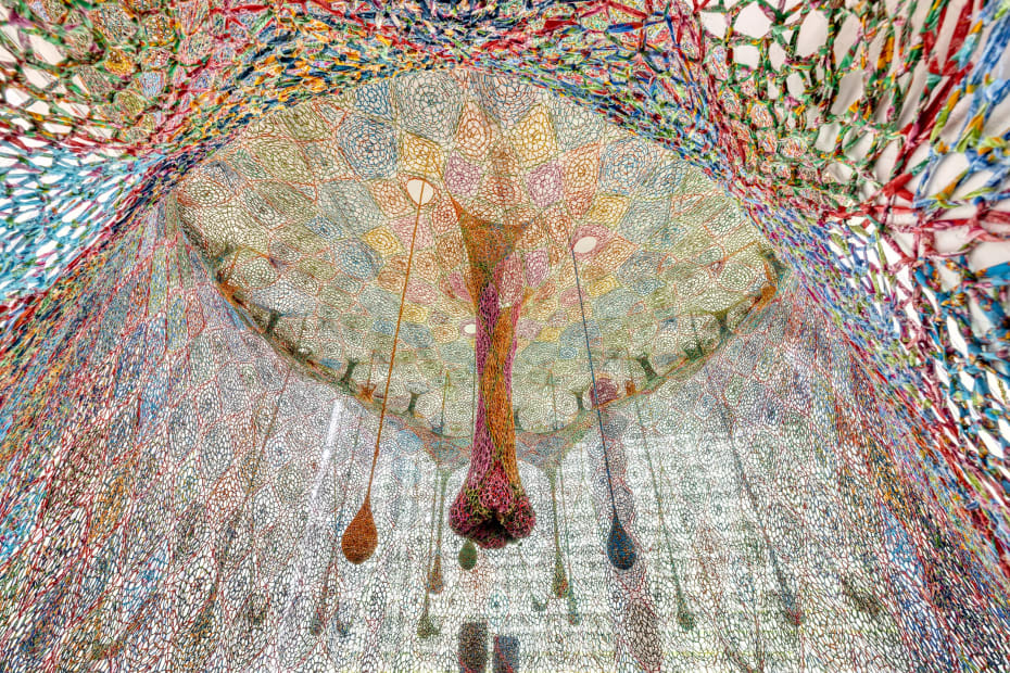 Installation image of Ernesto Neto: The Birth of Contemporous Blue Tree.