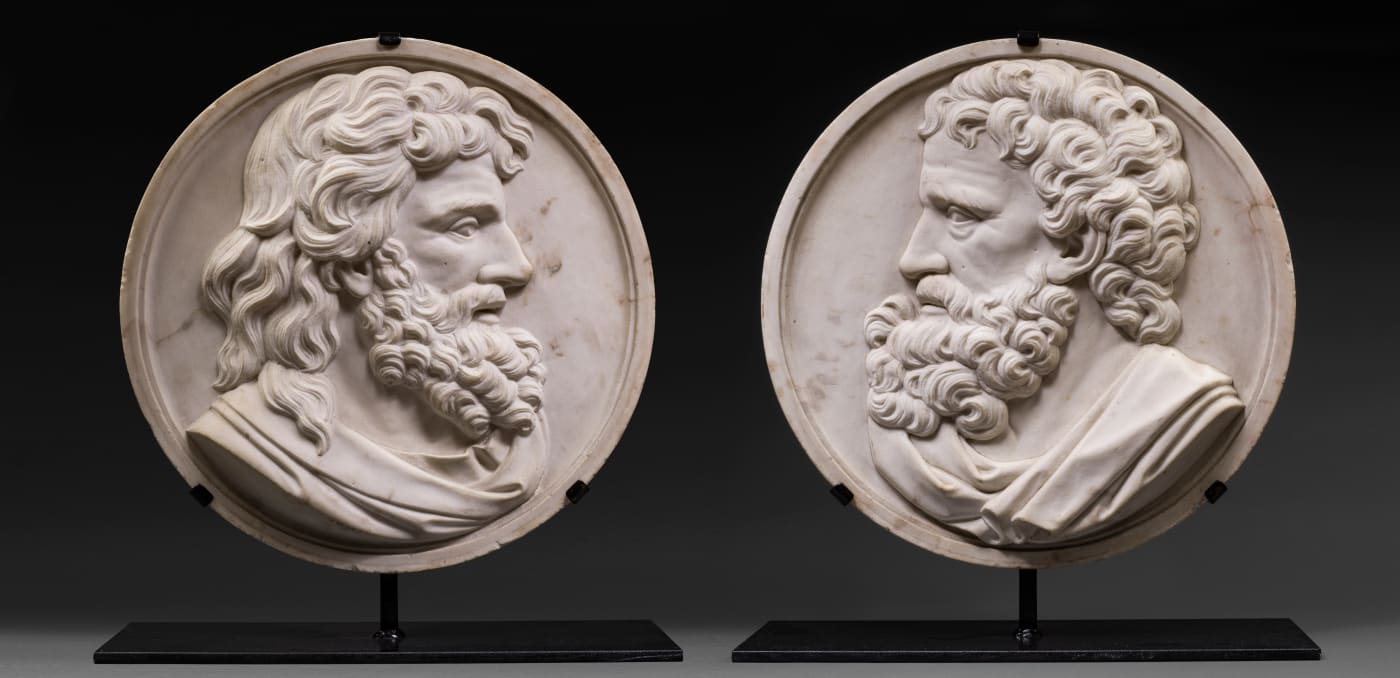 Circle of Laurent Delvaux, PAIR OF MARBLE RELIEF WITH BEARDED PHILOSOPHERS, Belgium, 18th Century