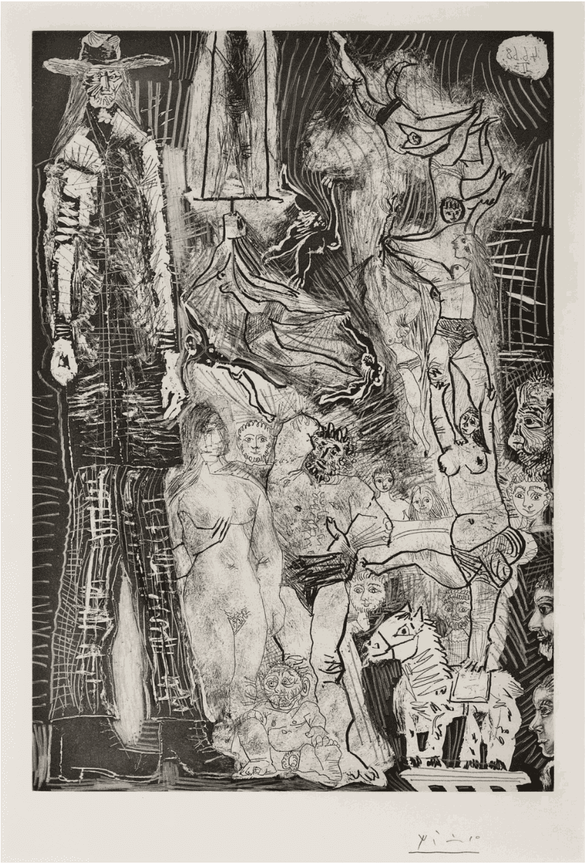 Pablo Picasso, Souvenirs: Cirque, avec El Gigante et autoportrait en bébé-vieillard, 1968