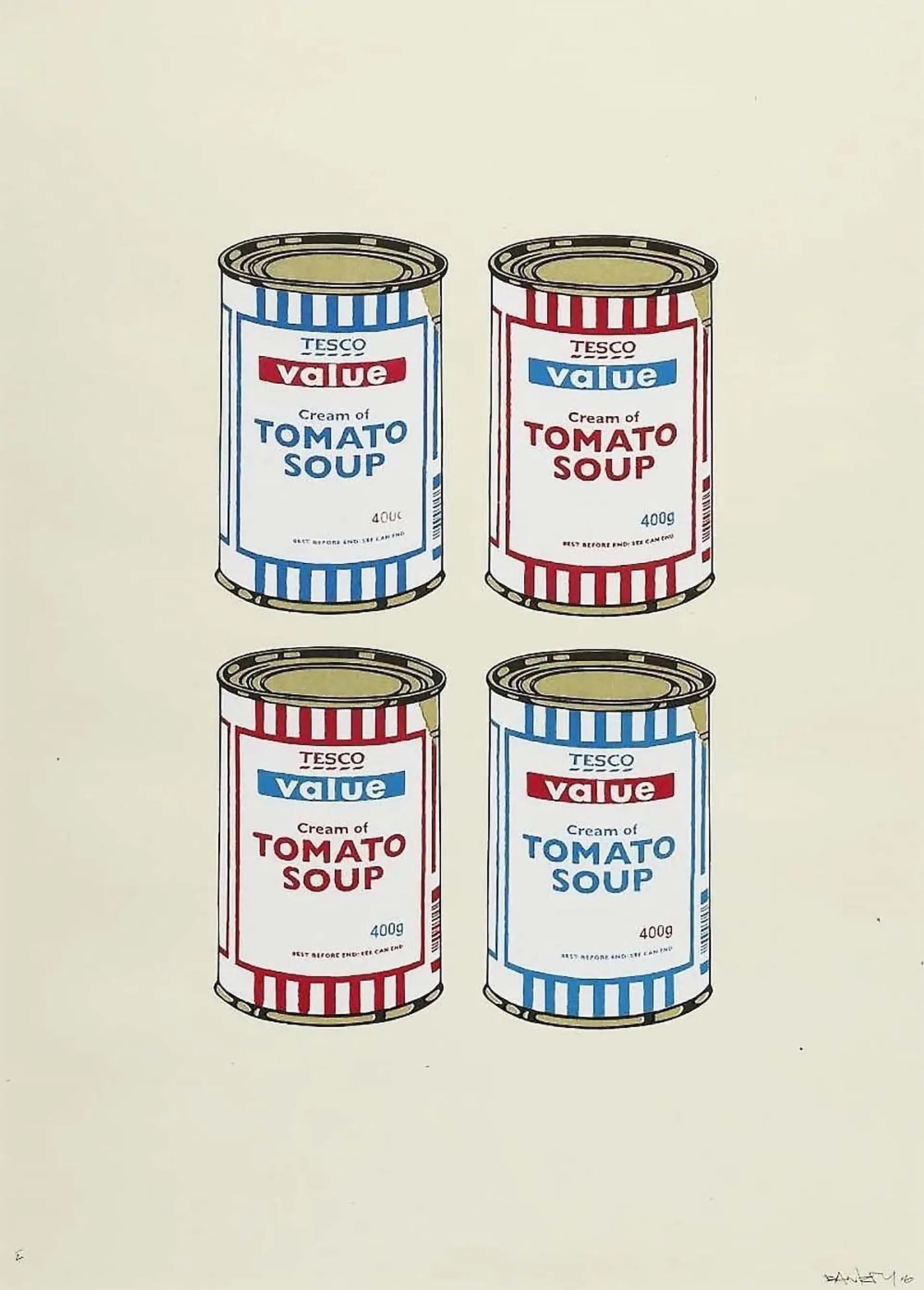 Banksy, Soup Cans Quad (Blue and Red on Cream) (Signed), 2006
