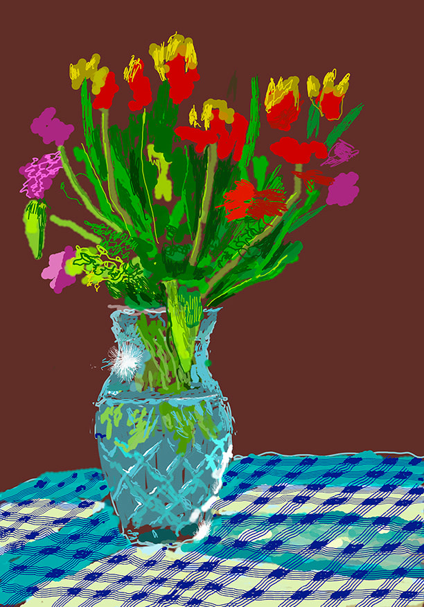 David Hockney, 24th February 2021, Red, Yellow and Purple Flowers on a Blue Tablecloth, 2021