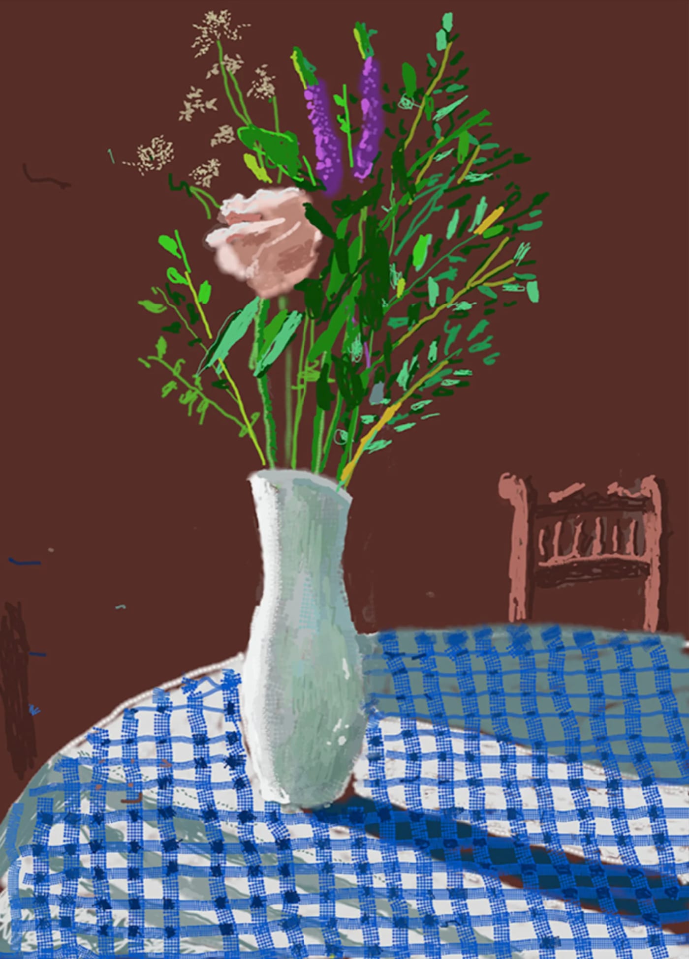 David Hockney, 4th February, Flowers in a Vase with Chair, 2021