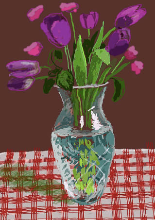David Hockney, 16th March, Tulips in Cut Glass , 2021