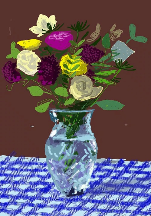 David Hockney, 20th March 2021, Flowers, Glass Vase on a Table, 2021