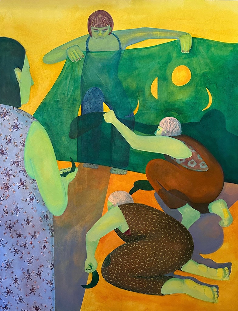 Genevieve Cohn painting of four women holding transparent sheet and measuring shadows of moon
