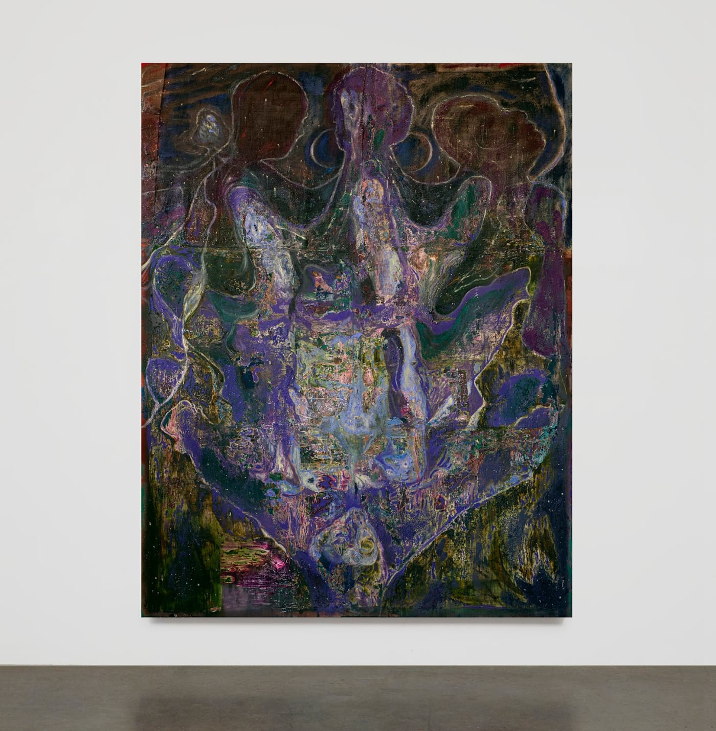 Æmen Ededéen The Clear Water is Mirroring the Clear Sky, 2024 mixed media with glass beads on canvas and burlap 228.6 x 179 cm 90 x 70 1/2 in
